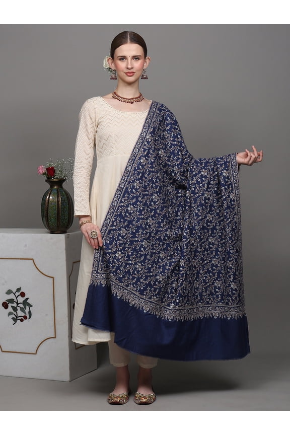 Galaxy Blue Diamond Weave Pashmina Jaal Shawl - Detailed Sozni