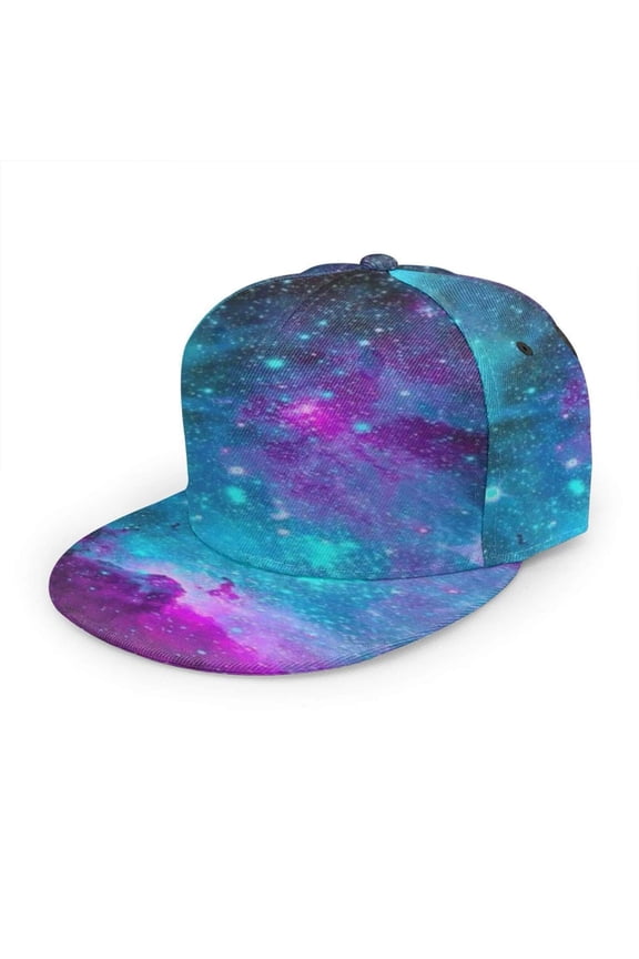 Galaxy Blue Snapback Hat Galaxy Print Flat Brim Baseball Cap for Men & Women