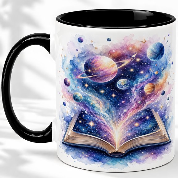 Galaxy Book Accent Mug, 11oz Ceramic Coffee Cup for Book Lovers