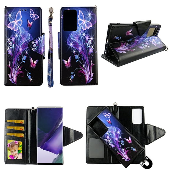 Galaxy Butterfly Case for Samsung Galaxy Note 20 Ultra Magnetic Detachable Pu Leather Wallet Cover Flap Closure and Snap-on Book Style Cases Card Holders Wrist Strap 2 in 1 Folio