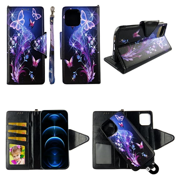 Galaxy Butterfly Case for iphone 12 Mini 5.4" Magnetic Detachable Pu Leather Wallet Cover Flap Closure and Snap-on Book Style Cases Card Holders Wrist Strap 2 in 1 Folio