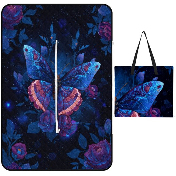 Galaxy Butterfly Cosmic Floral Art Picnic Blanket Waterproof Outdoor Beach Blanket Hand-held Pad Suitable for Travel, Camping, Beach, Family Gatherings