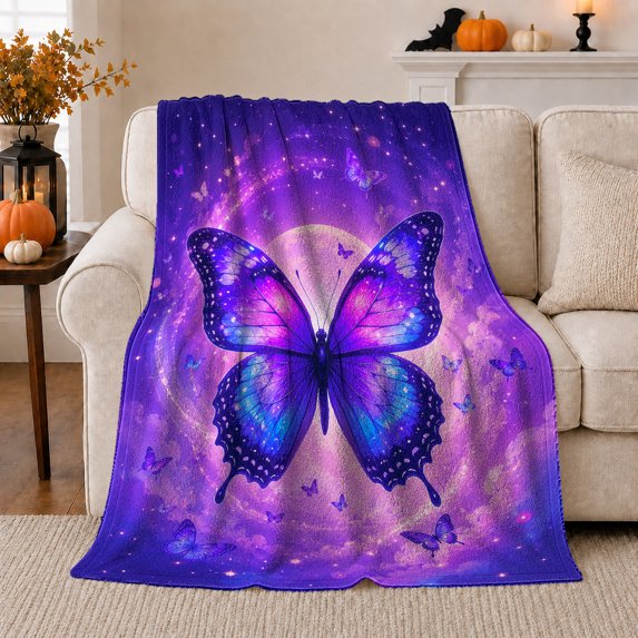 Galaxy Butterfly Crescent Moon Halloween Living Room Ethereal, Festive Halloween Scene, Warm Flannel Blanket for Living Room and Reading Nook, Art Lovers Halloween Gift, Festive Home Decor