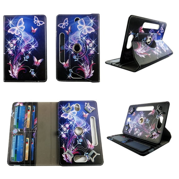 Galaxy Butterfly For All Android tablets 7-inch Tablet Case Universal Cases 360 Rotating Folio Stand Protector Pu Leather Cover Travel e-reader Card Cash Slots Multiple Viewing Angles