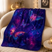 Galaxy Butterfly Throw Blanket, Neon Pink and Blue Celestial Wings on a Purple Starfield with Cosmic Trails for Sofa, Bed and Lounge Time at Home, 60 x 80 in