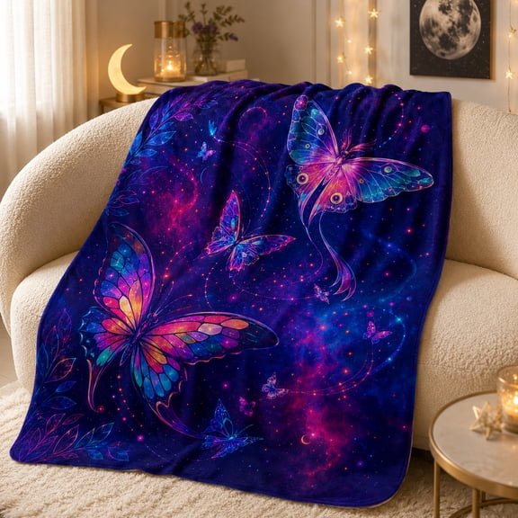 Galaxy Butterfly Throw Blanket, Neon Pink and Blue Celestial Wings on a Purple Starfield with Cosmic Trails for Sofa, Bed and Lounge Time at Home, 60 x 80 in