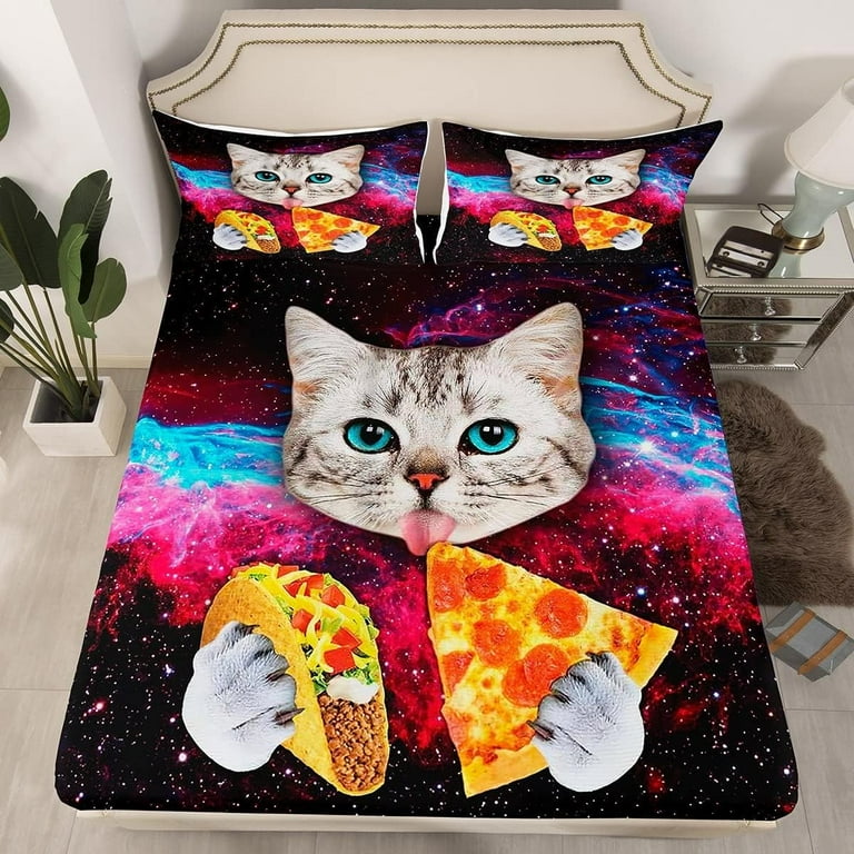 Galaxy Cat Bedding Full Size for Kids Girls Boys Cute Colorful Animal Cat Print Bed Sheet Set Galaxy Funky Food Design Fitted Sheet Funny Home Universe Pizza Decor Bed Cover with Pillowcases Soft