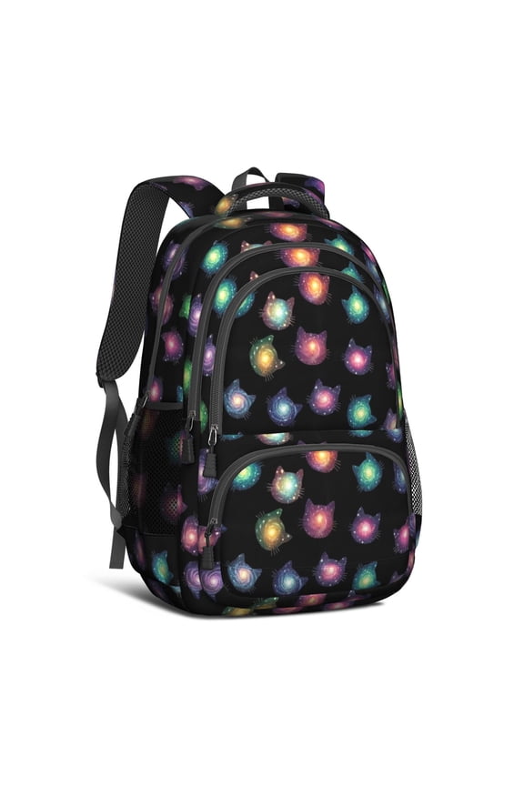 Galaxy Cat Head Black Pattern Backpack for School, Cute School Bag with Adjustable Shoulder Straps and Padded Back, 16.9"x12.6"x5.9"