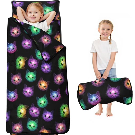 Galaxy Cat Head Black Pattern Teens Toddler Nap Mat with Pillow, Sleeping Mat Bag for Preschool Daycare 59"x22"