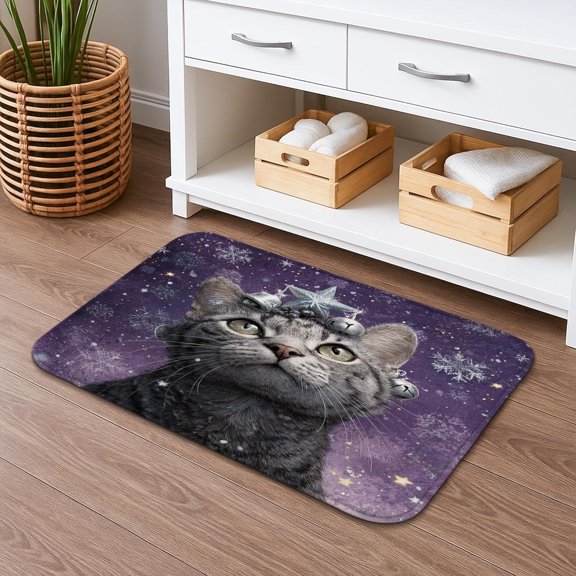 Galaxy Cat Quick Dry Bath Mat Cosmic Space Pattern Absorbent Non Slip Shower Rug Flannel Washable Bathroom Toilet Restroom Decor 16 x 24 Inch