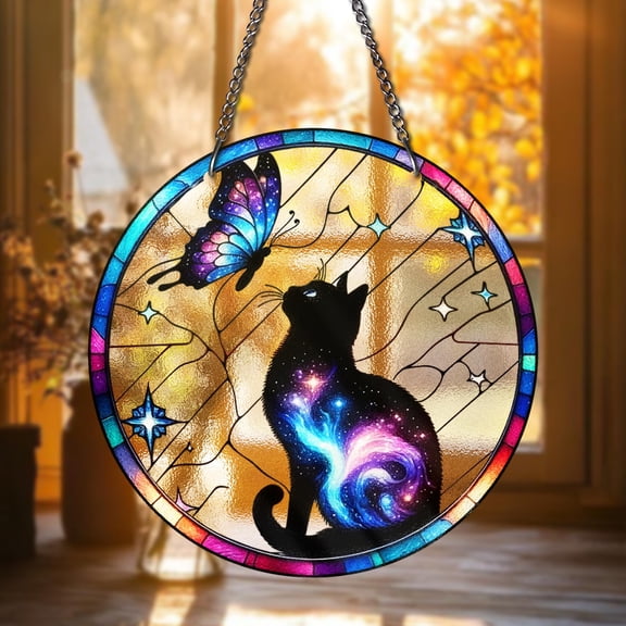 Galaxy Cat STAINED GLASS Suncatcher Cosmic Cat and Butterfly Window Decor Celestial Cat Lover Gift Mystical Hanging Ornament Home decor