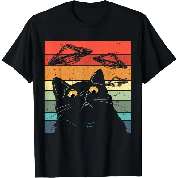 Galaxy Cat Spaceship Alien Feline UFO Outer Space Kitty Graphic Unisex T-Shirt, up to size 5XL