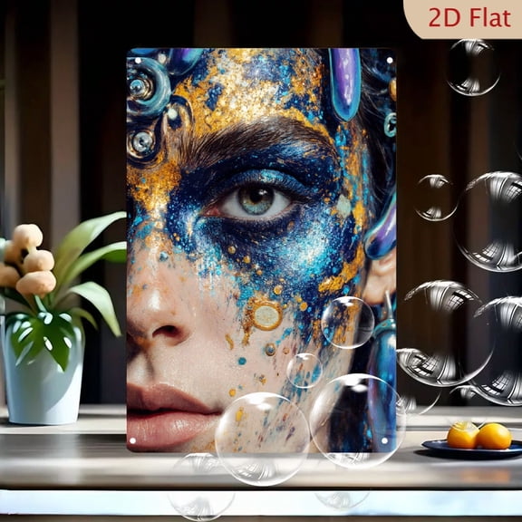 Galaxy Cosmic Face Art 8x12inches Metal Wall Decor, Surreal Blue Gold Starry Makeup Portrait with Futuristic Embellishments, Fantasy Space Theme Canvas Print for Living Room Bedroom