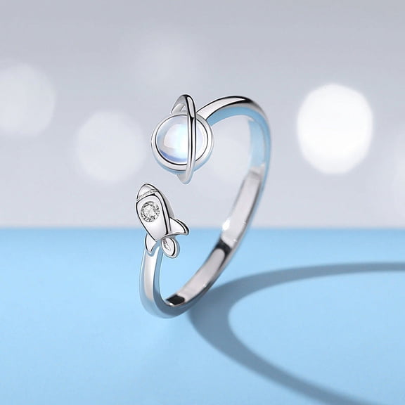 Matching Couple Rings Set Crystal Inlay Planet Design Silver Rings for Women and Men Moonstone Ring Black Agate Wedding Anniversary Promise Bands