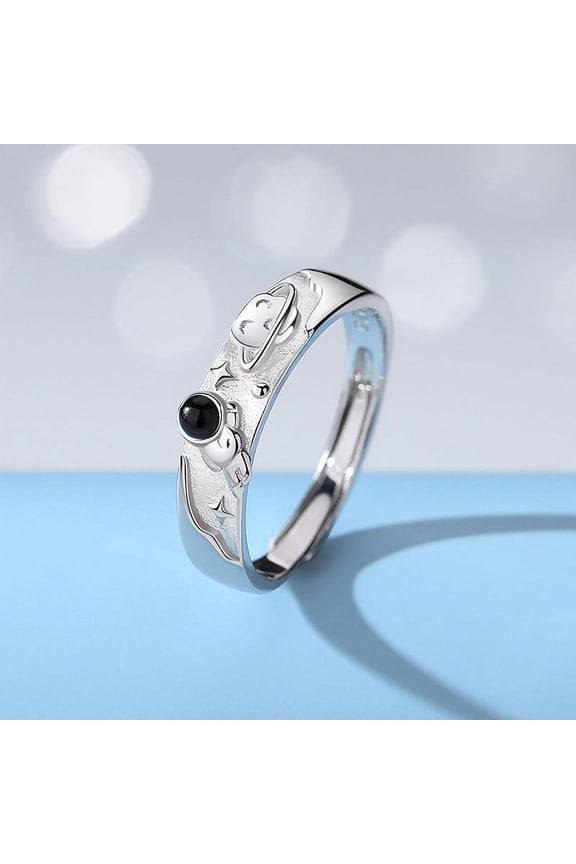 Matching Couple Rings Set Crystal Inlay Planet Design Silver Rings for Women and Men Moonstone Ring Black Agate Wedding Anniversary Promise Bands
