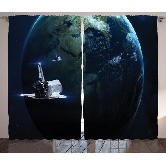 Ambesonne Galaxy Curtains 2 Panel Set, Spaceship Earth Fiction, 108" x 84", Navy Blue Grey