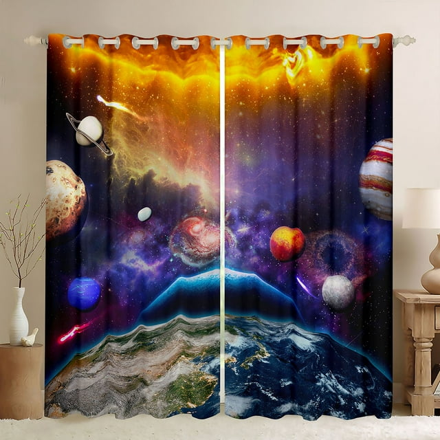 Galaxy Curtains for Boys Outer Space Blackout Curtains Blue Planet ...