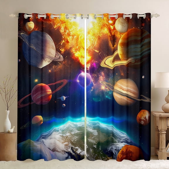 Galaxy Curtains Outer Space Blackout Curtains Blue Planet Earth Print Window Curtains Teens Universe Themed Bedroom Curtain Solar System Space Theme Curtains,2 Panels 38"Wx54"L