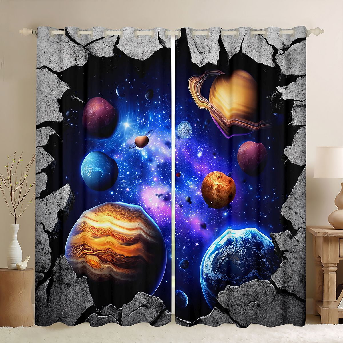 Galaxy Curtains Outer Space Themed 30%-50% Blackout Curtains, Solar System Window Curtains for Teens Universe Themed Bedroom Curtains Space Starry Sky Planet Curtains,2 Panels 42"Wx84"L