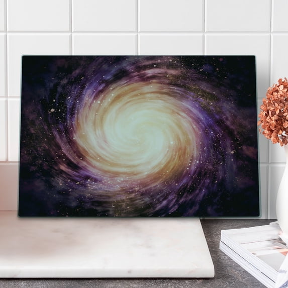 Galaxy Cutting Board, Large Pink and Purple Spiral Stardust Planet in Space Science Fiction Print, Decorative Tempered Glass Cutting and Serving Board, Large Size, Black Pink Beige, by Ambesonne