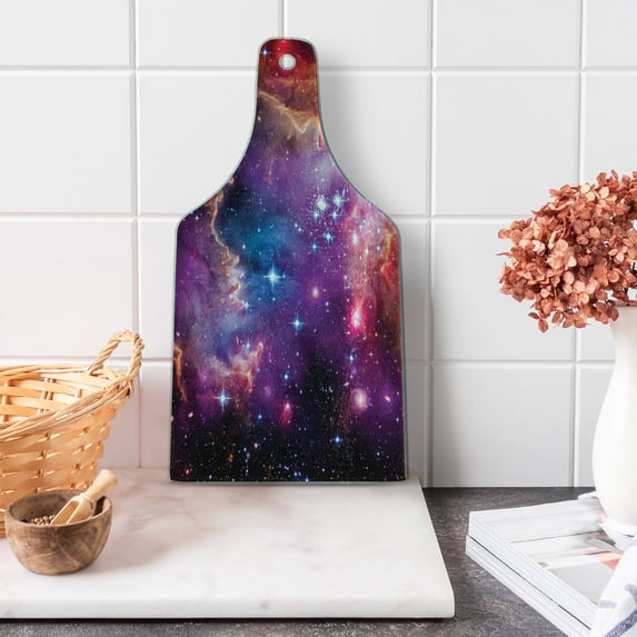 Galaxy Cutting Board, Magellanic Cloud Stars and Colorful Cosmic Universe View Pattern, Decorative Tempered Glass Cutting and Serving Board, Wine Bottle Shape, Purple Blue Orange, by Ambesonne