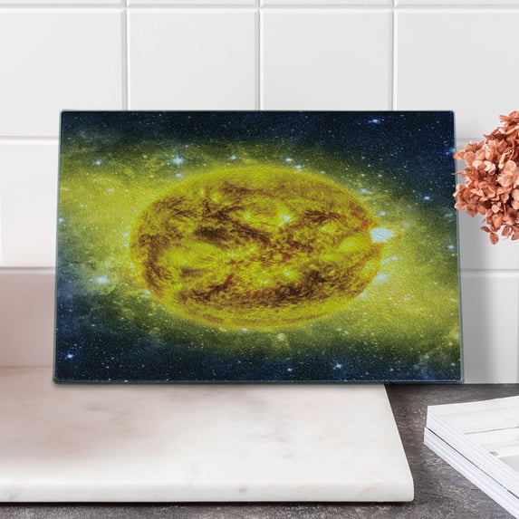 Galaxy Cutting Board, Panorama of Sun in Space with Luminous Effects Center of Solar System Print, Decorative Tempered Glass Cutting and Serving Board, Small Size, Yellow Blue, by Ambesonne