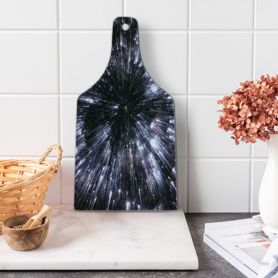 Galaxy Cutting Board, Speed of Life Space Travel Galaxy Universe Science Fiction Future, Decorative Tempered Glass Cutting and Serving Board, Wine Bottle Shape, Violet Black White, by Ambesonne