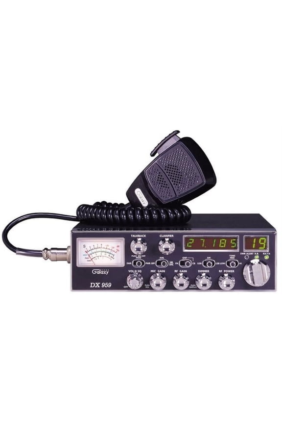 dx-959b mobile cb radio with blue frequency and channel digits and backlit starlite faceplate