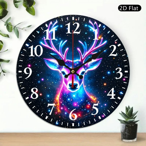 Galaxy Deer Wall Clock Round Decorative Silent Non Ticking Clock for Home Decor 10x10 Inch 1pc Battery Not Included