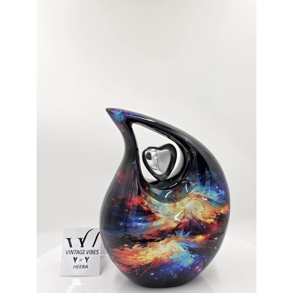 Galaxy Design Aluminium Cremation Urn with Silver Heart | Modern Space Theme Funeral Urn for Ashes | Decorative Memorial Urn