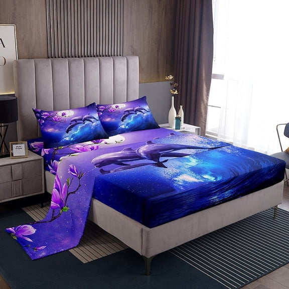 Galaxy Dolphin Sheet Set Full Size Coastal Ocean Waves Bedding Purple Cherry Blossoms Sea Animal Bed Sheets Teens Moon Sky Starry Fitted Sheet + Flat Sheet + 2 Pillow Cases Blue