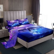 Galaxy Dolphin Sheet Set Queen Size Coastal Ocean Waves Bedding Purple Cherry Blossoms Sea Animal Bed Sheets for Kids Boys Girls Teens Moon Sky Starry Fitted Sheet + Flat Sheet + 2 Pillow Cases Blue