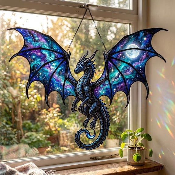 Galaxy Dragon Acrylic Suncatcher, Faux Stained Glass Window Hanging, Moon Night Dragon, Fantasy Winged Dragon Decor, Celestial Decor Gift size 6in