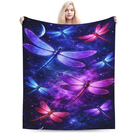 Galaxy Dragonfly Blanket, Cosmic Night Sky Throw, Celestial Fantasy Fleece Blanket for Spring Home Decor and Mother's Day Gift 80x60