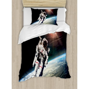 Galaxy Duvet Cover Set, Astronaut Man Floating over Earth with Powerful Sun Beams in Background Image Print, Decorative 2 Piece Bedding Set with 1 Pillow Shams, Twin Size, Orange Grey, by Ambesonne