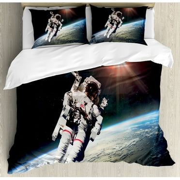 Galaxy Duvet Cover Set, Astronaut Man Floating over Earth with Powerful Sun Beams in Background Image Print, Decorative 3 Piece Bedding Set with 2 Pillow Shams, Calking Size, Orange Grey, by Ambesonne