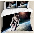 thumbnail image 1 of Galaxy Duvet Cover Set, Astronaut Man Floating over Earth with Powerful Sun Beams in Background Image Print, Decorative 3 Piece Bedding Set with 2 Pillow Shams, Queen Size, Orange Grey, by Ambesonne, 1 of 3