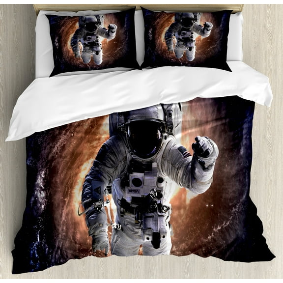 Galaxy Duvet Cover Set, Astronaut in Outer Space with Andromeda Galaxy Fantasy Science Fiction Art Print, Decorative 3 Piece Bedding Set with 2 Pillow Shams, Calking Size, Grey Orange, by Ambesonne