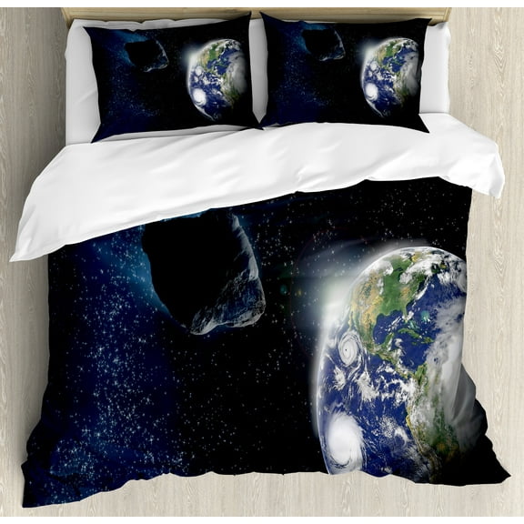 Galaxy Duvet Cover Set, Attack of the Asteroid Rocky Dark Body Comet on Planet Earth Meteor Shower Print, Decorative 3 Piece Bedding Set with 2 Pillow Shams, King Size, Dark Blue Grey, by Ambesonne