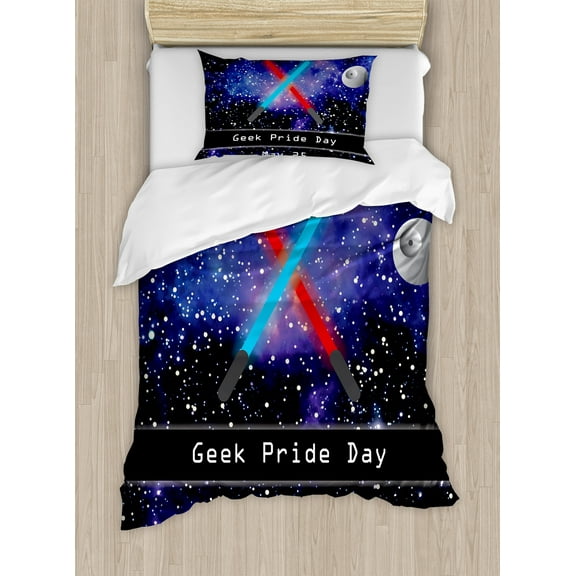 Galaxy Duvet Cover Set, Gift for Geek Pride Day May 25 Stars Galaxy Universe Theme Pattern Print, Decorative 2 Piece Bedding Set with 1 Pillow Shams, Twin Size, Blue Black and Red, by Ambesonne