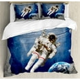 thumbnail image 1 of Galaxy Duvet Cover Set, Grunge Astronaut and Planet Earth with Geometric Digital Art Watercolor Print, Decorative 3 Piece Bedding Set with 2 Pillow Shams, Calking Size, Blue Grey, by Ambesonne, 1 of 3