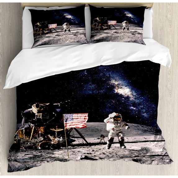 Galaxy Duvet Cover Set King Size, Astronaut on Rocky Surface of Moon American Flag USA Rocket Traveling Space Art, Decorative 3 Piece Bedding Set with 2 Pillow Shams, Grey Navy Blue, by Ambesonne
