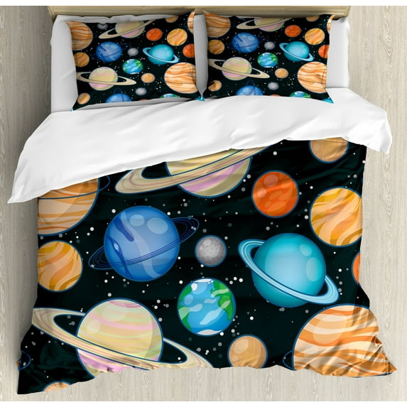 Galaxy Duvet Cover Set King Size, Cute Galaxy Space Art Solar System Planets Mars Mercury Uranus Jupiter Venus Kids Print, Decorative 3 Piece Bedding Set with 2 Pillow Shams, Multi, by Ambesonne