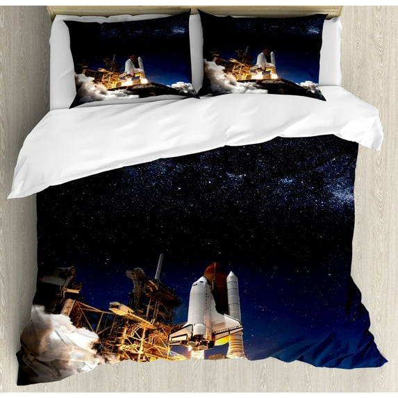 Galaxy Duvet Cover Set King Size, Shuttle on Take off Discovery Mission to Explore Galaxy Spaceship Solar Adventure, Decorative 3 Piece Bedding Set with 2 Pillow Shams, Blue White, by Ambesonne