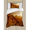 thumbnail image 1 of Galaxy Duvet Cover Set, Landscape from the Movie Fictional Galaxy Clash Pattern Sunset Mountains, Decorative 2 Piece Bedding Set with 1 Pillow Shams, Twin Size, Brown Yellow, by Ambesonne, 1 of 3