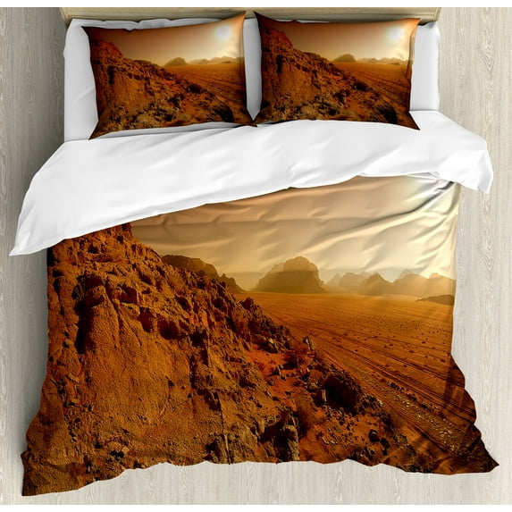 Galaxy Duvet Cover Set, Landscape from the Movie Fictional Galaxy Clash Pattern Sunset Mountains, Decorative 3 Piece Bedding Set with 2 Pillow Shams, Queen Size, Brown Yellow, by Ambesonne