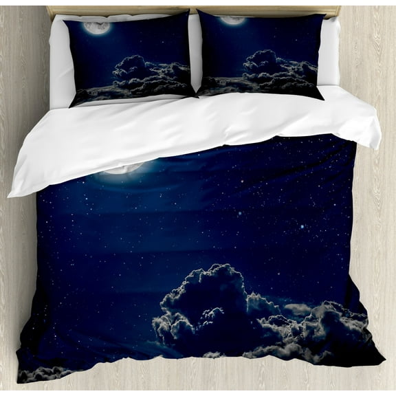 Galaxy Duvet Cover Set, Moon and Stars in Midnight Sky Starry Night with Clouds Milky Way Art, Decorative 3 Piece Bedding Set with 2 Pillow Shams, Queen Size, Grey Dark Blue, by Ambesonne