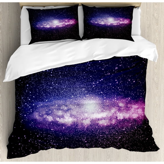 Galaxy Duvet Cover Set, Nebula Cloud in Milky Way Infinity in Interstellar Solar System Design Print, Decorative 3 Piece Bedding Set with 2 Pillow Shams, Queen Size, Purple Dark Blue, by Ambesonne