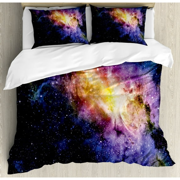 Ambesonne Galaxy Duvet Cover Set, Alluring Nebula Stars, King, Black Purple and Yellow