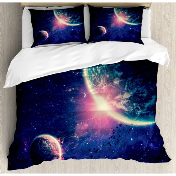 Galaxy Duvet Cover Set, Outer Space Theme Planet Earth Mars in Space Discovery of Universe Astronomy Art, Decorative 3 Piece Bedding Set with 2 Pillow Shams, King Size, Navy Blue Pink, by Ambesonne